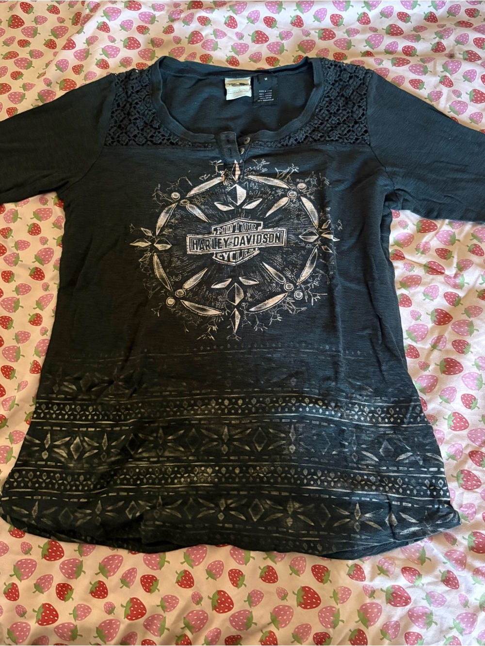 Harley-Davidson' Black Graphic Lace-Yoke Top